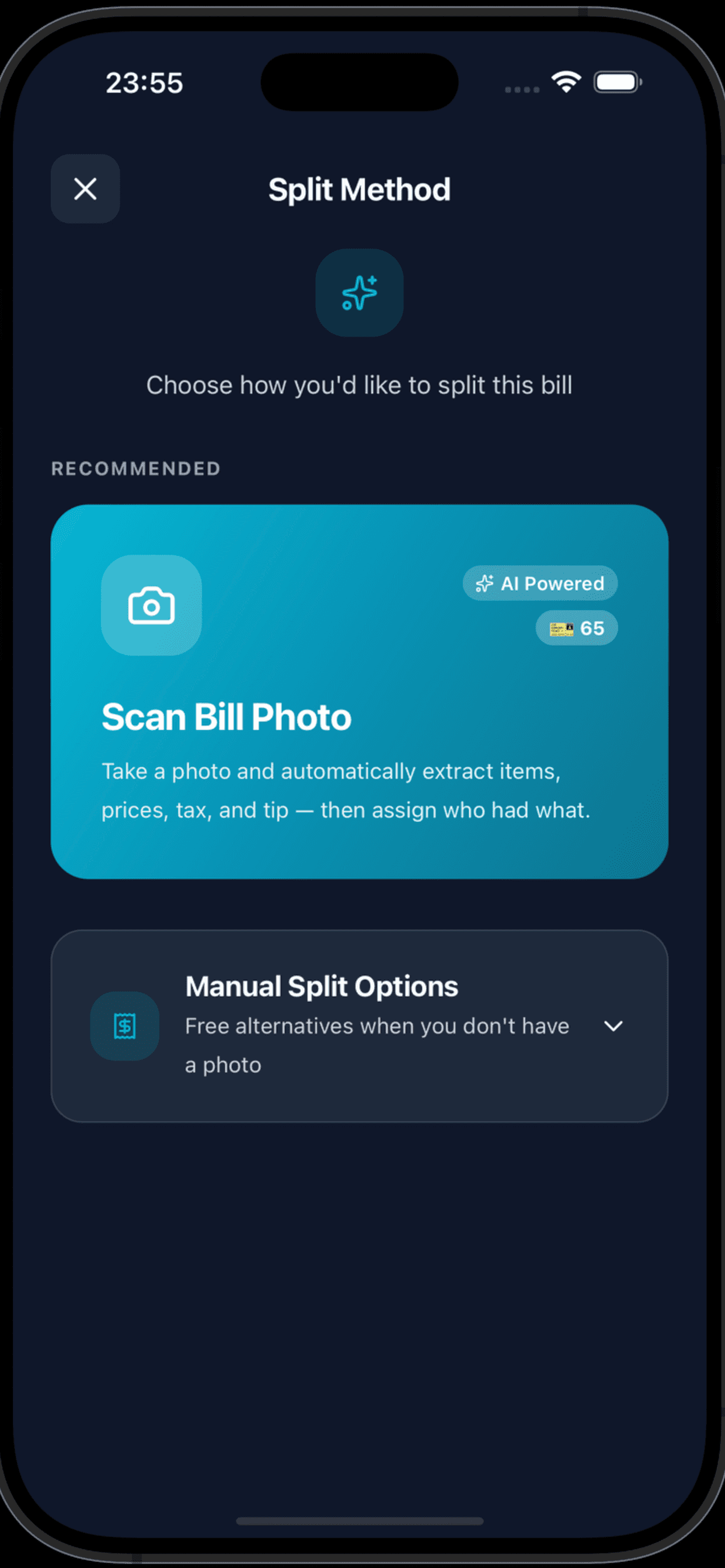 Choose split method screen